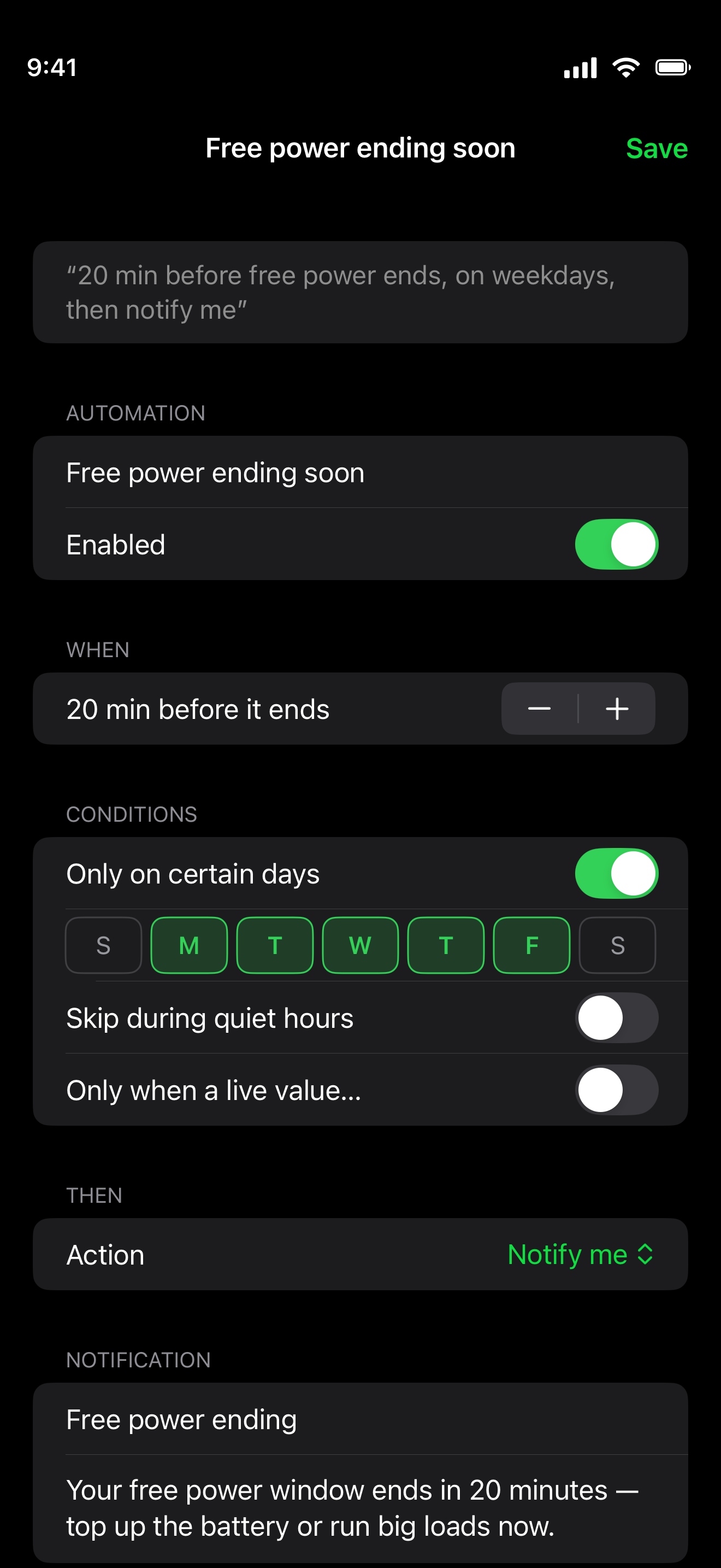 Automation editor for a 'Free power ending soon' rule with a when setting, conditions such as certain days and quiet hours, and an optional notification title and message.