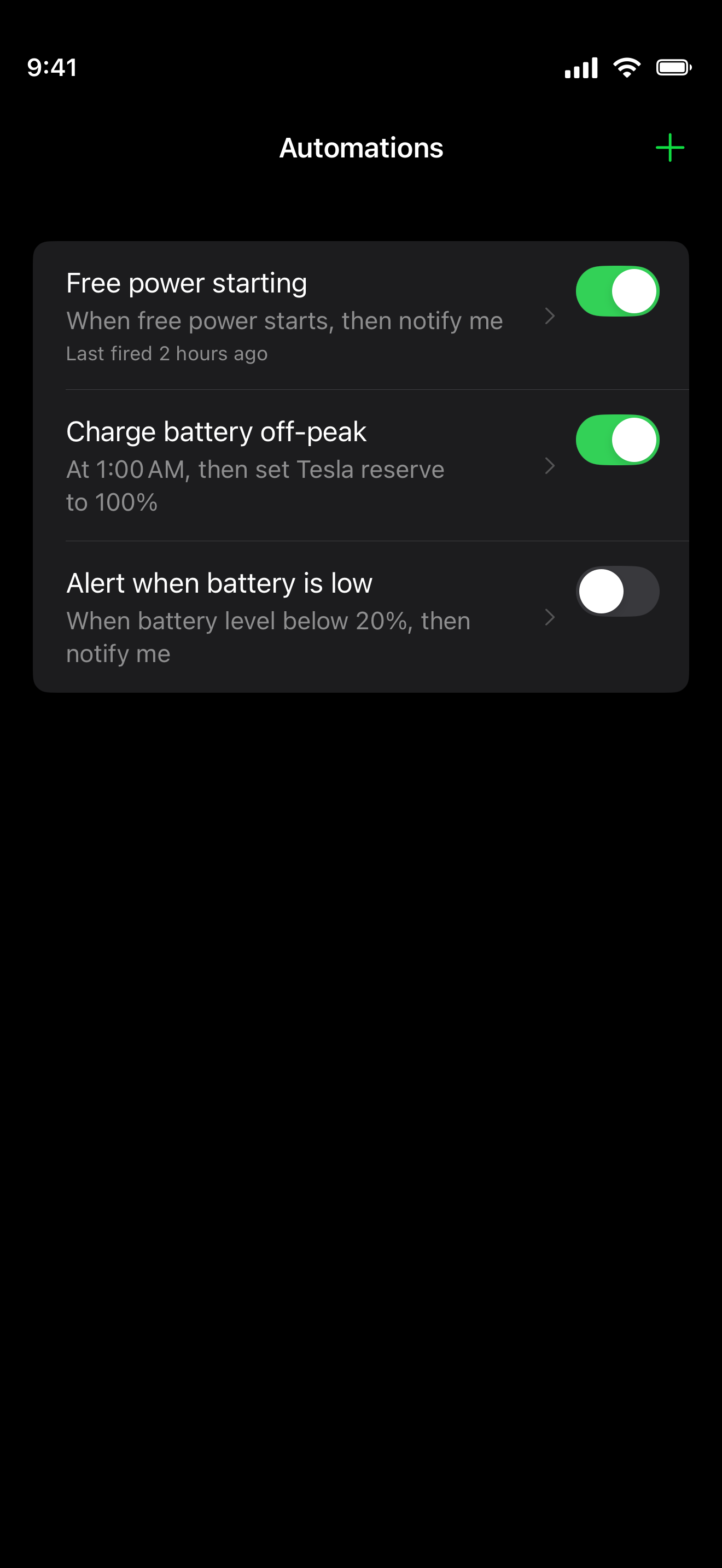 Automations list with rules for free power starting, charging the battery off-peak, and alerting when the battery is low, each with an enable toggle.
