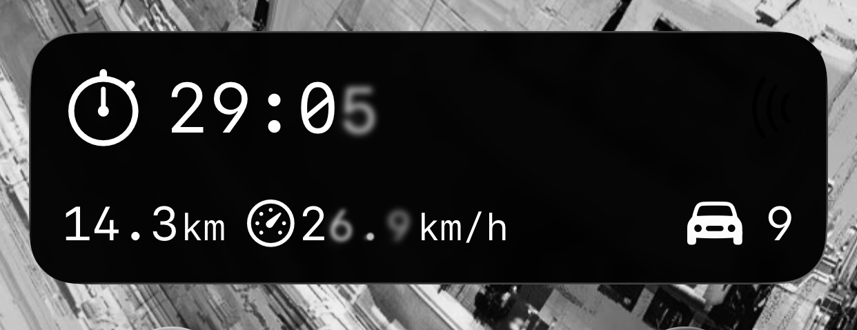 Live Activity showing duration, distance, speed and vehicle count