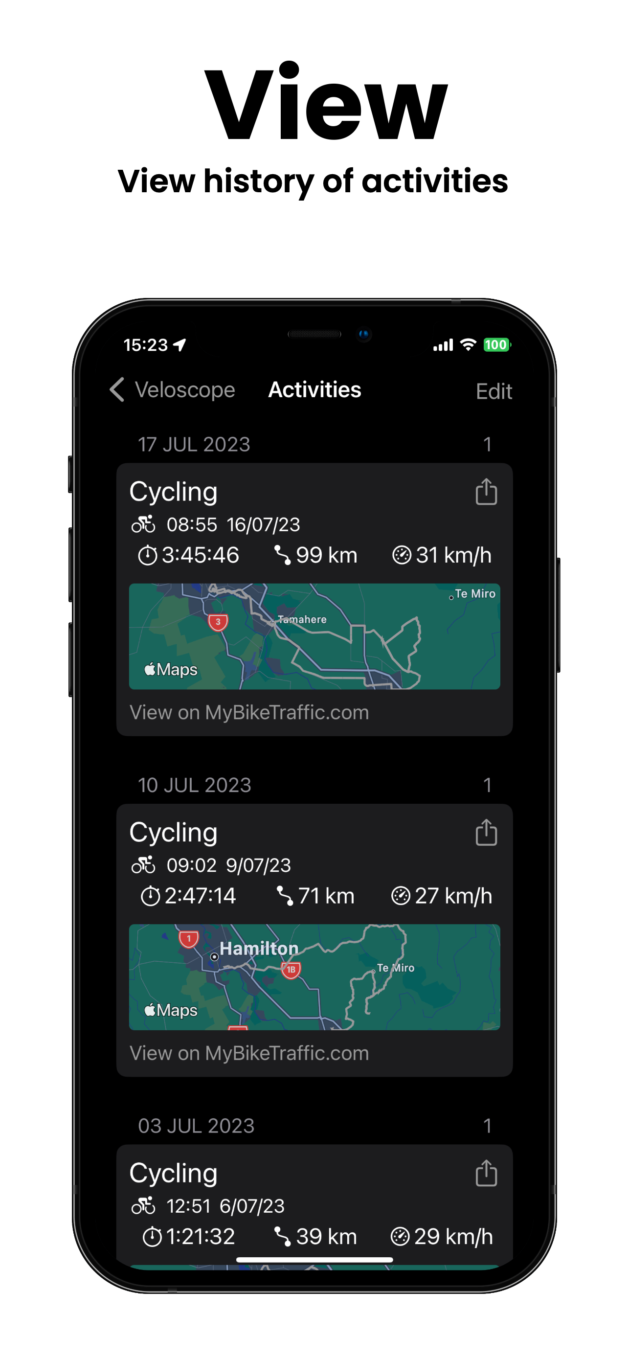 Veloscope activity recording