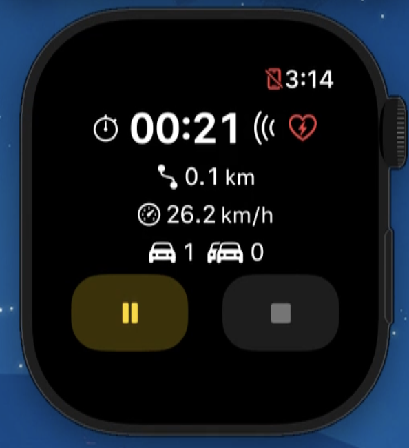 Veloscope on Apple Watch showing duration, distance, speed and vehicle count